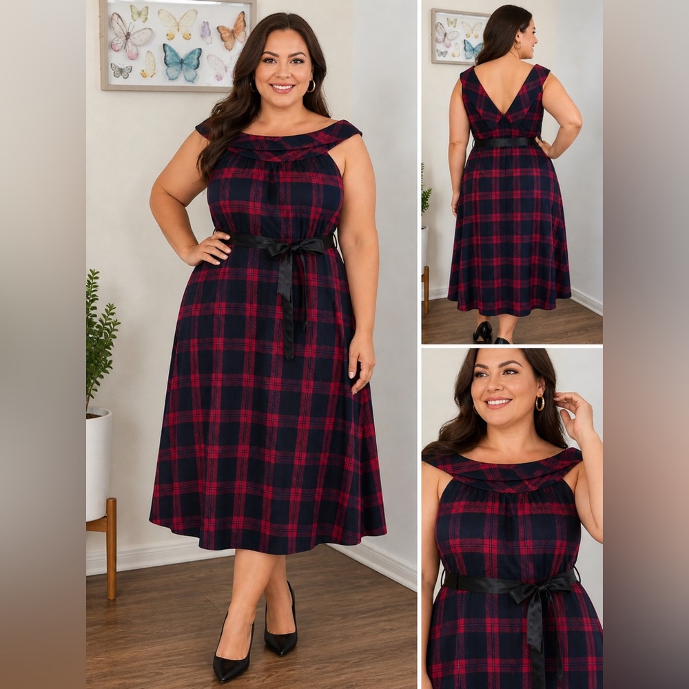 1901 Plaid Midi Dress Red Black Sleeveless Size 16 D14